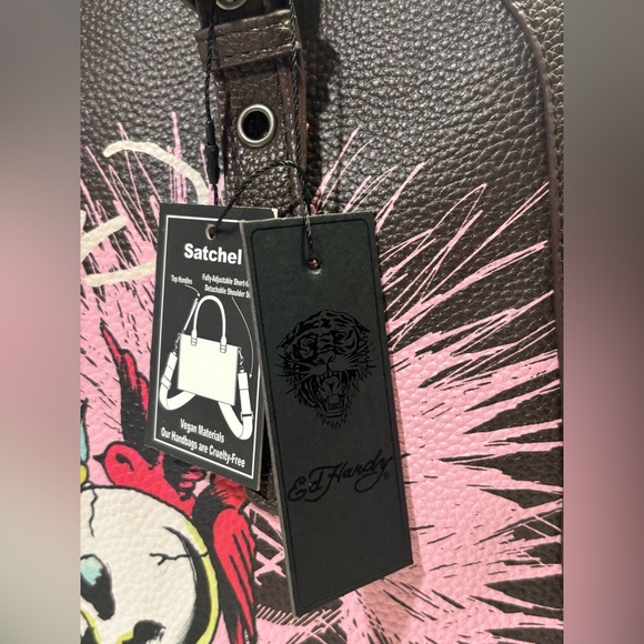 Ed Hardy nwt brown pink skull faux leather large tote weekender bag purse biker - Picture 3 of 10
